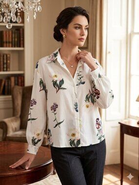 Retro Stage SZ Large Linen Blend Floral Long Balloon Sleeve Button Down Blouse